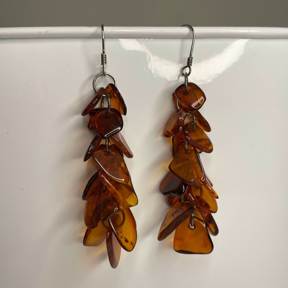 Amber & silver chip cluster drop earrings